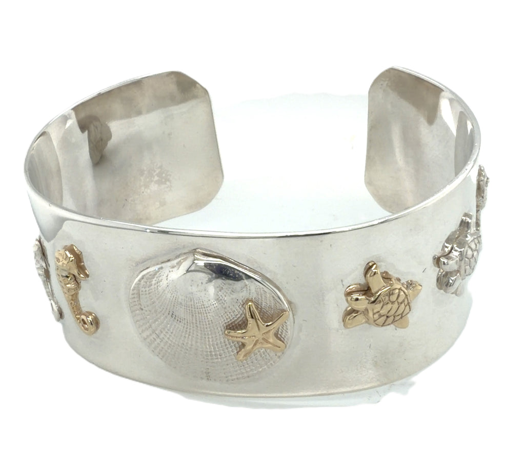 Sterling Silver & 14k Gold Sea Creatures Cuff Bracelet
