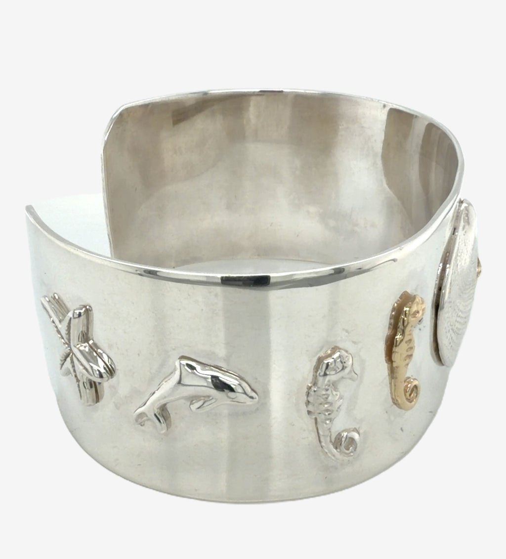 Sterling Silver & 14k Gold Sea Creatures Cuff Bracelet