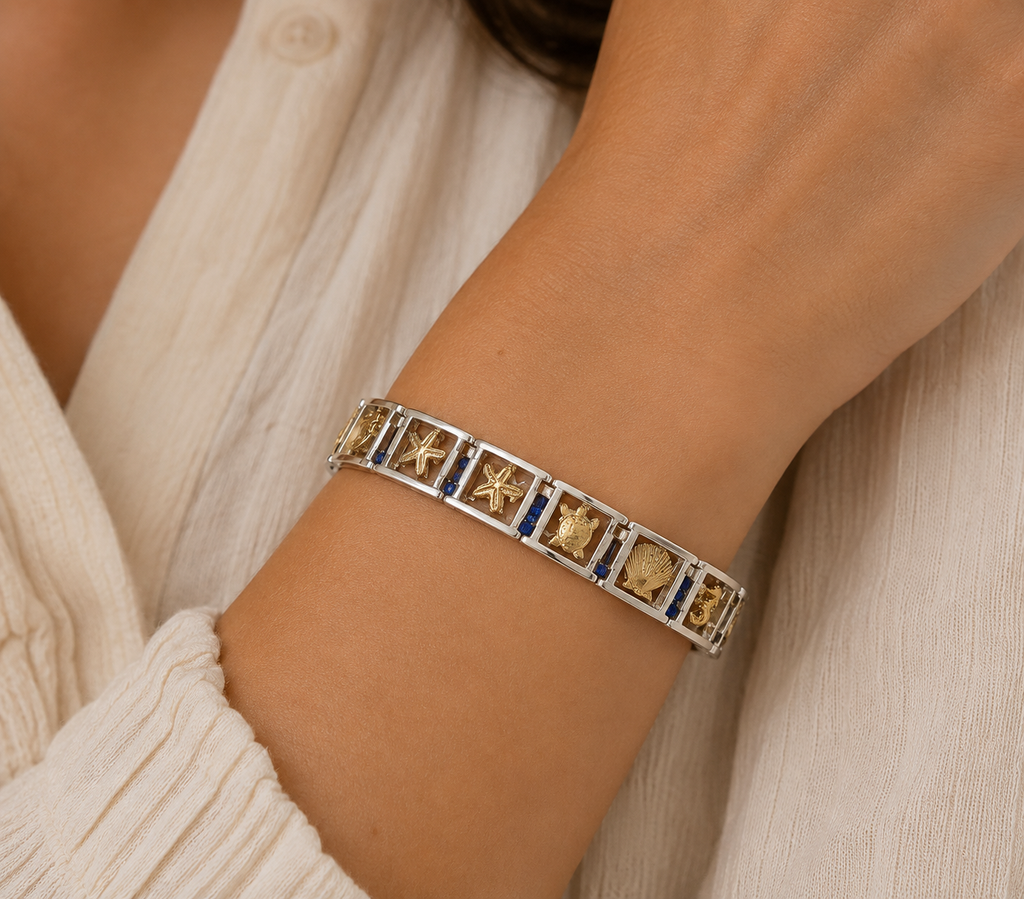 Handcrafted Sterling Silver & 14k Gold Reef Link Bracelet with Sapphires