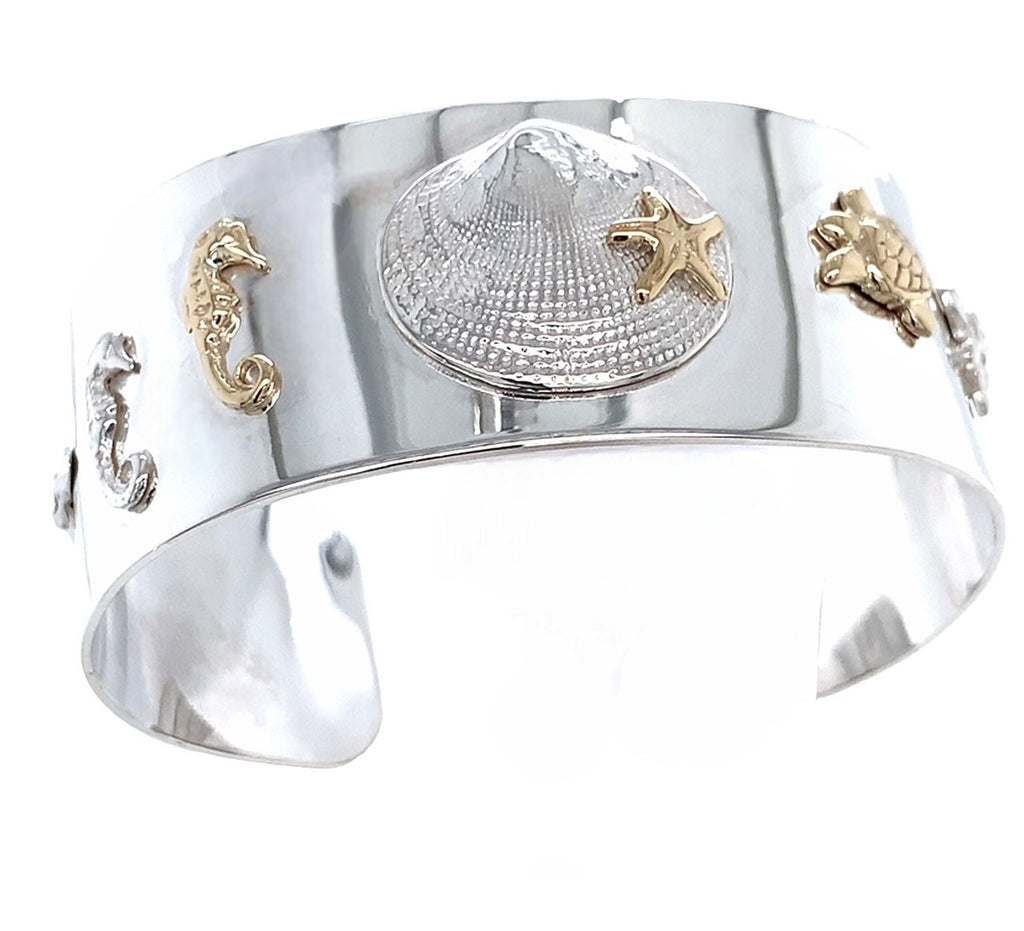 Sterling Silver & 14k Gold Sea Creatures Cuff Bracelet
