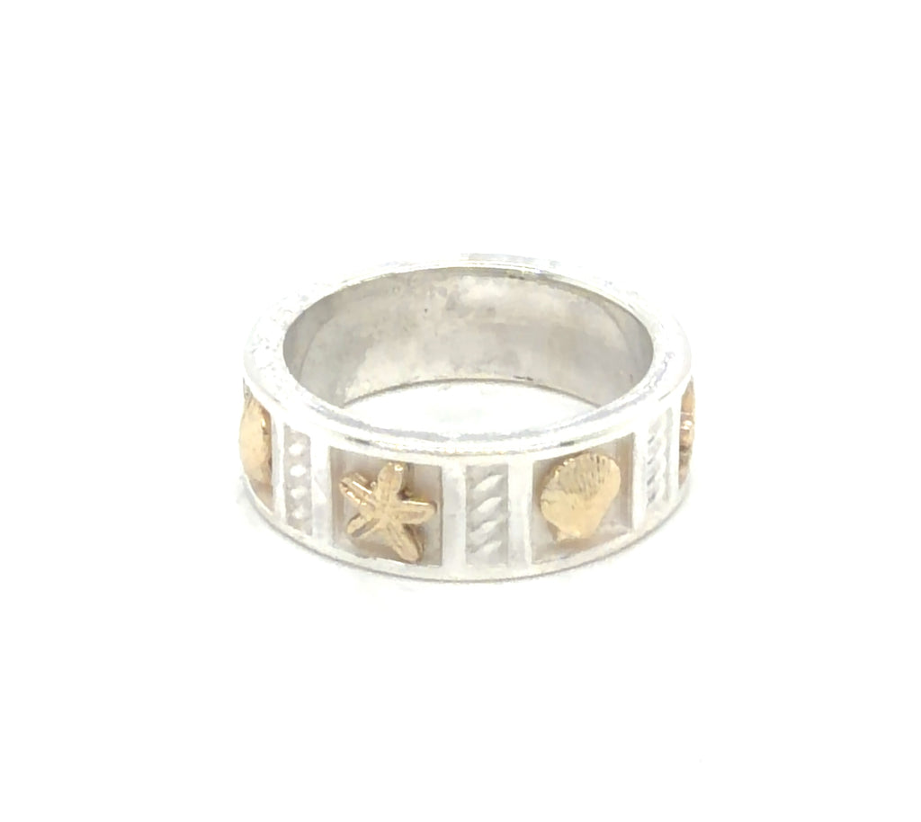 Handcrafted Sterling Silver & 14k Gold Shell & Starfish Ring