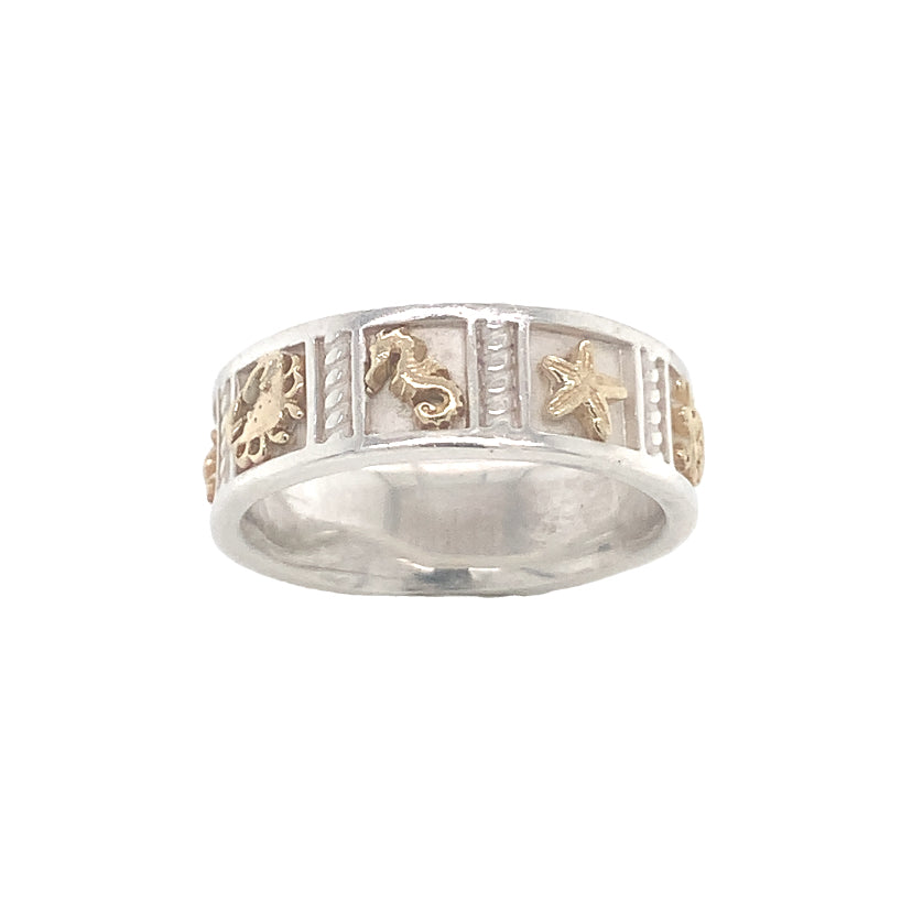 Handcrafted Sterling Silver & 14k Gold Sea Creatures Ring