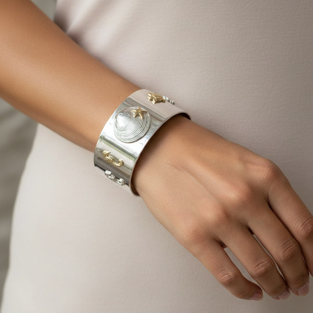 Sterling Silver & 14k Gold Sea Creatures Cuff Bracelet