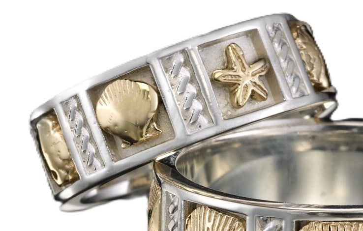 Handcrafted Sterling Silver & 14k Gold Shell & Starfish Ring